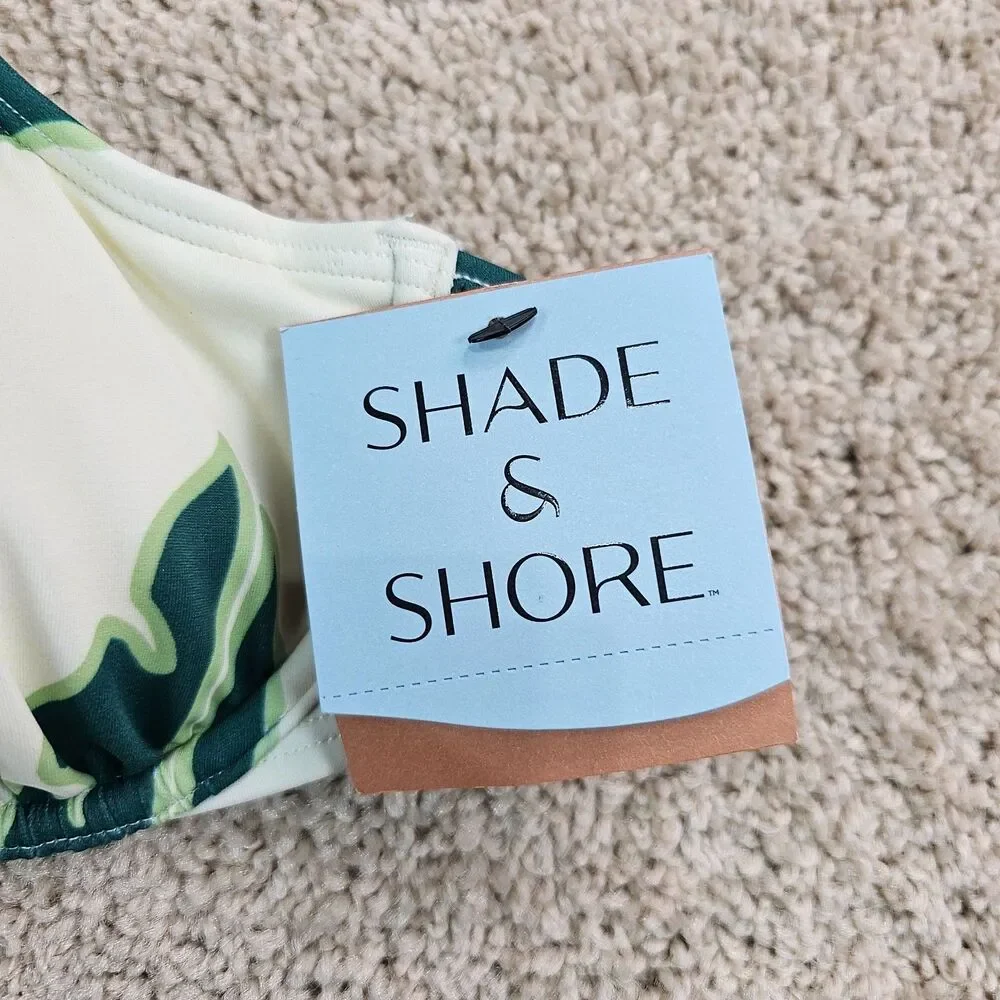 Shade & Shore Green Cream Halter Bikini Top 34B NWT Tropical Swimwear